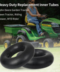 Two Pack 23x8.5-12 23x9.5-12 23x10.5-12 Butyl Inner Tubes With TR13 Valve Stem For Lawn Tractors And Riding Mowers Universal 12 Inch Rim Heavy Duty Replacement Tubes shown in front of John Deere lawn tractor.