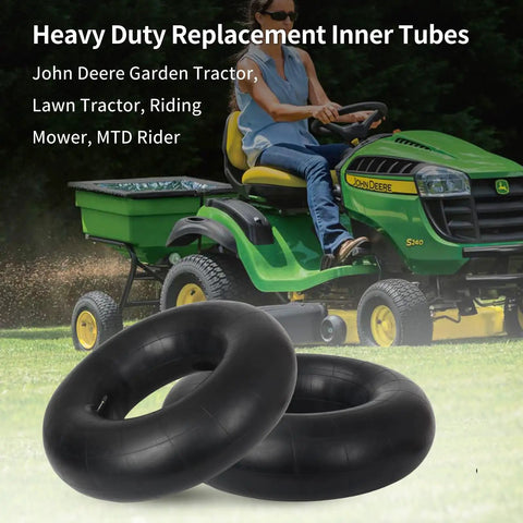 Two Pack 23x8.5-12 23x9.5-12 23x10.5-12 Butyl Inner Tubes With TR13 Valve Stem For Lawn Tractors And Riding Mowers Universal 12 Inch Rim Heavy Duty Replacement Tubes shown in front of John Deere lawn tractor.