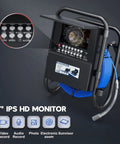 Pro 7 Inch HD Sewer Camera For Heavy Duty Pipe Inspection And Clog Removal with 7" IPS HD monitor, controls, and blue cable.
