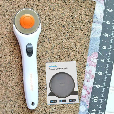 45mm Rotary Cutter Blades Pack Of 10 For DIY Quilting Sewing And Crafts and Fiskars cutter on cork with ruler