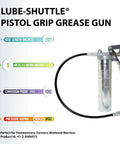Lube-Shuttle Pistol Grip Grease Gun with 20-inch hose, used for mess-free lawnmower greasing kit with threaded tube.