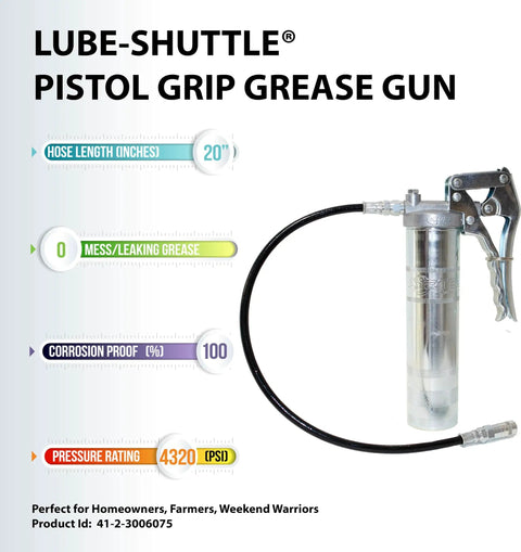 Lube-Shuttle Pistol Grip Grease Gun with 20-inch hose, used for mess-free lawnmower greasing kit with threaded tube.