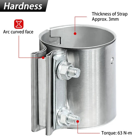 Beefy 2.75 Inch Exhaust Clamp Butt Joint Band Clamp Sleeve Coupler In 304 Stainless Steel with double-layer, 3mm strap, arc face