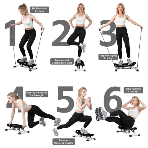 Badass Ski Balance Trainer For Home Gyms With Digital Lcd Panel Heavy Duty Curved Machine For Intense Leg Workouts showing various exercises.