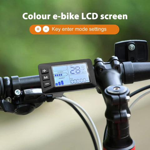 5 Pin E Bike Display For 24V 36V 48V Systems With G51 Color LCD Screen mounted on handlebars showing speed and settings.