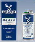 Dual Run Capacitor 45 And 5 MFD 6 Percent Tolerance CBB65B For HVAC Systems, with labeled terminals for easy replacement.
