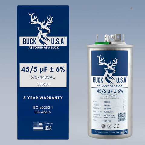 Dual Run Capacitor 45 And 5 MFD 6 Percent Tolerance CBB65B For HVAC Systems, with labeled terminals for easy replacement.