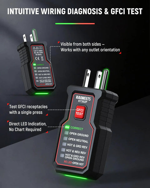 Plug And Play Circuit Breaker Finder Kit With Non Contact Voltage Tester For Quick Wire Tracing and Smart GFCI Outlet Diagnostics for a Hassle Free DIY Electrical Setup showing GFCI tester with LED indicators.