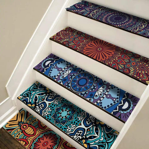 Colorful mandala style stair risers showcasing 14 Strips Stair Riser Stickers Peel N Stick Self Adhesive Vinyl Stair Risers