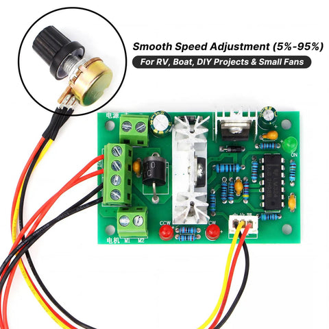 PWM DC Motor Speed Controller 10 To 30V 3A 120W with rotary pot and circuit board for DIY RV boat fan pump automation