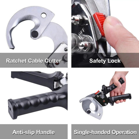 Ratchet Cable Wire Cutter For Cu And Al Wires Up To 300mm2 showing blade, safety lock, anti-slip handle, and one-handed operation