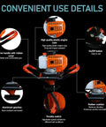 Convenient features of Gas Powered 62cc Post Hole Digger Kit With Auger Bits 3 Inch 5 Inch 8 Inch And 3 Extension Rods 24 Inch Each.