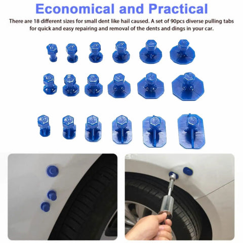 Auto Dent Repair Puller Kit With 18 Removal Tabs And Gaskets for quick fixes on SUVs and sports cars, closeup view of tabs and usage.