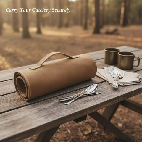 Canvas Cutlery Roll Bag With Handle Portable Knife Storage Case for Camping and Travel on picnic table with utensils nearby.