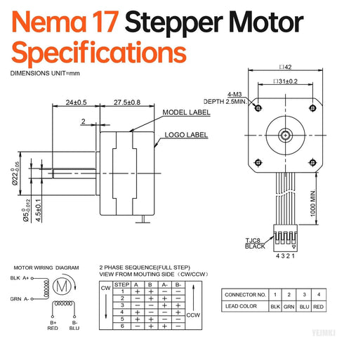Technical diagram of Ten Pack Nema 17 Stepper Motors 1.8 Degree 2 Phase High Torque 0.28Nm Bipolar 4 Lead Shaft with dimensions and wiring