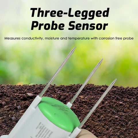 Smart Soil Moisture Meter 3 In 1 Soil Tester For EC Temp And Moisture Wireless Plant Monitor With App Pro Grade Solar Powered High Precision Digital Soil Sensor For Indoor Outdoor Garden And Lawn, three-prong probe in soil