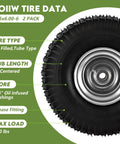 Close-up of beefy front tire, 15x6-6, 4-ply with 3 inch hub, compatible with John Deere Craftsman Husqvarna, for riding mowers.