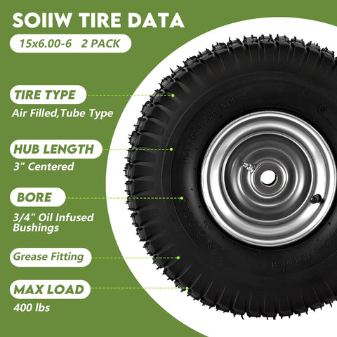 Close-up of beefy front tire, 15x6-6, 4-ply with 3 inch hub, compatible with John Deere Craftsman Husqvarna, for riding mowers.