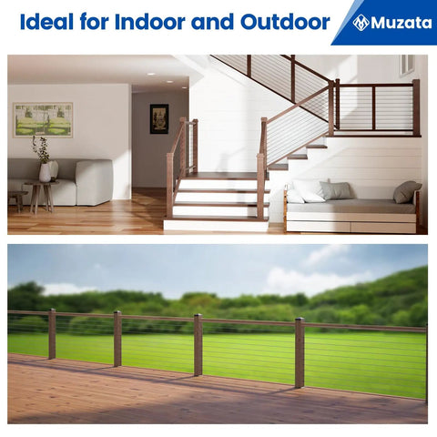 Indoor and outdoor deck examples with cable railing using 60 Pack Black 1/8 Inch Cable Railing Hardware Kit With Swage Lag Screws Left And Right Handed Thread For Wood Posts Pro Grade T316 Stainless Steel Deck Cable Railing System Includes Drill Bit And Bent Wrench