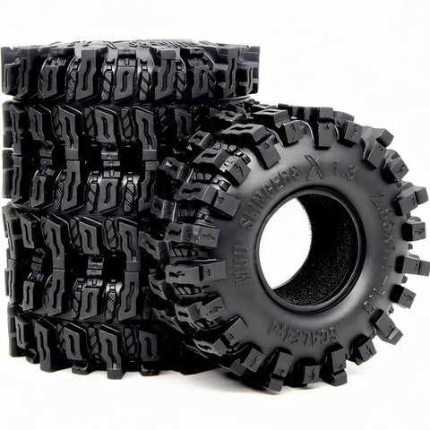 1.3 Inch RC Crawler Tires Mud Slingers X Soft Sticky Compound For 1/24 And 1/18 Scale Rigs, 72mm By 28mm, stacked view