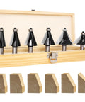 Six Piece Chamfer Router Bit Set Half Inch Shank Carbide Two Flute Bevel Bits For Edge Shaping And Miter Joints