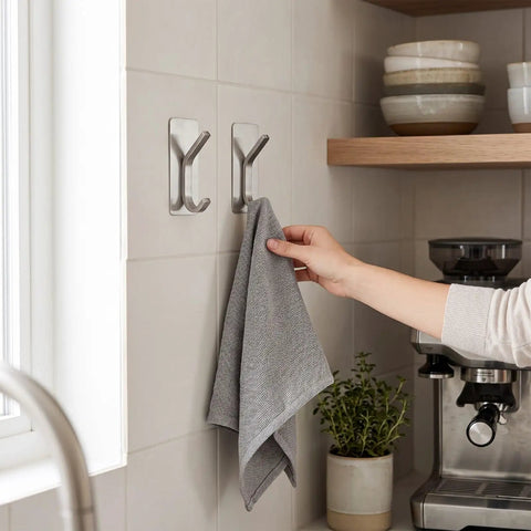 Insane Grip No Drill Towel Hooks Six Pack Silver Rust Proof Heavy Duty Bathroom Wall Mount With Ultra Thick Adhesive Hangs Your Gear Tight And Stays Put For Good holding a gray towel in a modern kitchen.