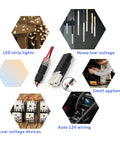 Collage showing applications of 30 Pcs Double Wire Plug In Connectors 2 Pin For Low Voltage LED Strip Lights Quick Splice Connectors