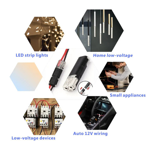 Collage showing applications of 30 Pcs Double Wire Plug In Connectors 2 Pin For Low Voltage LED Strip Lights Quick Splice Connectors