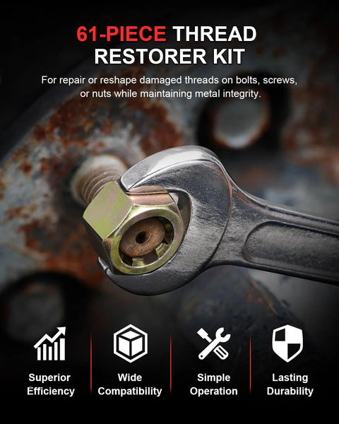 Kolvoii 61-piece thread restorer kit close-up of a metal wrench clamping a damaged bolt head