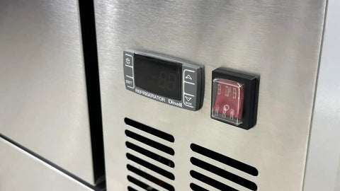 Digital thermostat control panel on Rugged Build 72 Inch Chef Base Commercial Refrigerator With Four Smooth Gliding Stainless Steel Drawers.