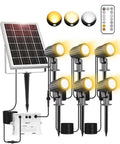 Six In One Solar Spotlight Kit For Landscape And Garden IP66 Waterproof Outdoor Lighting with remote, solar panel, and three color settings