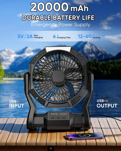 Portable Rechargeable Camping Fan With 20000mAh Battery, LED Light, Built In Power Bank, 270 Degree Adjustable on dock