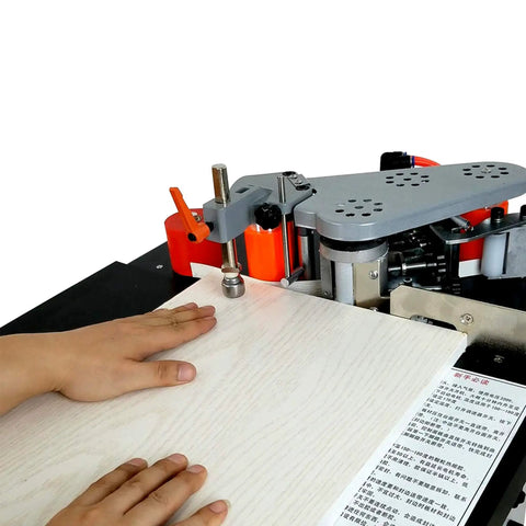 Beefed Up 1200W Automatic Edge Banding Machine for woodworking with hands guiding wood panel, desktop edgebander, 60mm capacity, CE certified