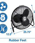 Industrial Grade 20 Inch High Velocity Pivoting Floor Fan For Powerful Air Circulation In Industrial And Commercial Spaces With Powder Coated Steel Construction One Sixth HP Motor OSHA Compliant AMCA Tested Heavy Duty Built To Last, 20-inch, 3-speed, steel fan with rubber feet shown in front view.