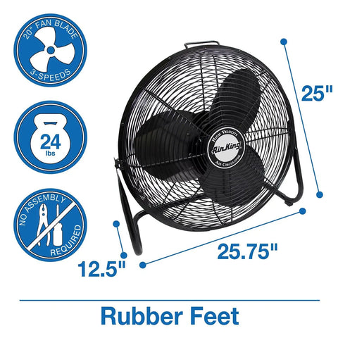 Industrial Grade 20 Inch High Velocity Pivoting Floor Fan For Powerful Air Circulation In Industrial And Commercial Spaces With Powder Coated Steel Construction One Sixth HP Motor OSHA Compliant AMCA Tested Heavy Duty Built To Last, 20-inch, 3-speed, steel fan with rubber feet shown in front view.