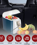 Portable 12V Thermoelectric Cooler And Warmer With 7.5 Quart Capacity Compact Mini Fridge for Car, filled with fruits.