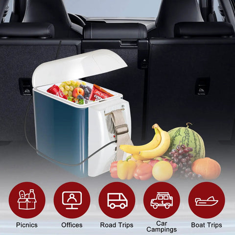 Portable 12V Thermoelectric Cooler And Warmer With 7.5 Quart Capacity Compact Mini Fridge for Car, filled with fruits.