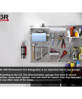 Hardcore Five Pound ABC Fire Extinguisher For Vehicle Marine Home Use With Refillable Dry Chemical Agent Mounting Bracket UL Listed USCG Approved chrome finish on pegboard with tools.