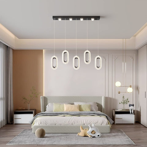 60W Dimmable LED Pendant Chandelier With Remote Control, 5-Light Slick Modern Black Fixture above bedroom setting