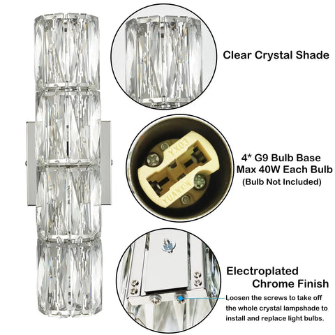 Chrome Crystal Wall Sconce With Four Lights Modern Tube Shape Glass Wall Light Fixture For Bedroom Living Room Hallway Kitchen And Vanity