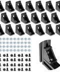 Black Corner Brackets For 2020 Aluminum Extrusion T Slot Set Of 20 6mm Compatible Box Packed With Screws and nuts displayed