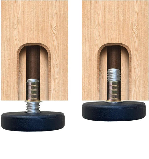 Beefy Heavy Duty Adjustable Furniture Levelers With 3/8-16 Threaded Bolts, 1.5 Inch Base Feet, Screw In Nuts, 8 Pack, Height Range 0.25 To 1.25 Inches, Ideal For Tables And Chairs installed on wooden furniture.