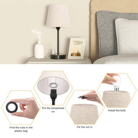 Set Of 2 Dimmable Touch Bedside Lamps With USB C And AC Outlet Charging Station in bedroom setup with assembly instructions