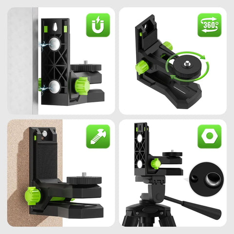 Magnetic L Shape Pivoting Base For Line And Point Laser Levels With 1/4-20 Male Threads 1/4-20 And 5/8-11 Female Mounts