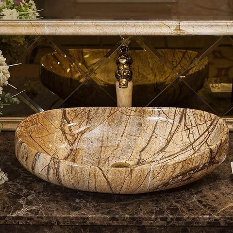 Top Shelf Rectangular Vessel Sink For Above Counter Bathroom Vanity Setup Modern Boat Shaped Washbasin with marble finish.