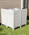Outdoor Privacy Screen For Air Conditioner Unit With Four Panels, Trash Can Enclosure And Pool Equipment Shield, Resin Fence Kit, 45 Inch High By 22 Inch Wide Per Panel, Weather Resistant White, shown in outdoor setup.