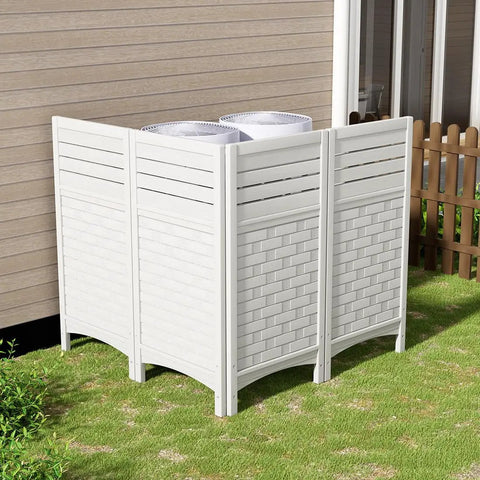 Outdoor Privacy Screen For Air Conditioner Unit With Four Panels, Trash Can Enclosure And Pool Equipment Shield, Resin Fence Kit, 45 Inch High By 22 Inch Wide Per Panel, Weather Resistant White, shown in outdoor setup.