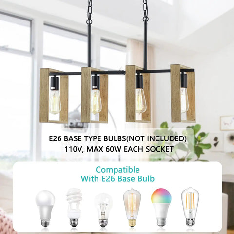 Dope Farmhouse Kitchen Light Fixtures 4 Light Adjustable Pendant Chandelier With Wood Frame And Black Metal Finish