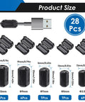 Five Size Ferrite Core Cable Clips Set With 28 Pieces To Knock Down EMI RFI On Power And Data Cables, shown with dimensions