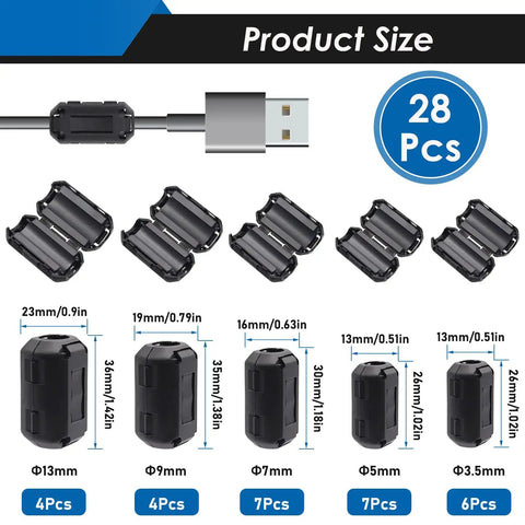 Five Size Ferrite Core Cable Clips Set With 28 Pieces To Knock Down EMI RFI On Power And Data Cables, shown with dimensions
